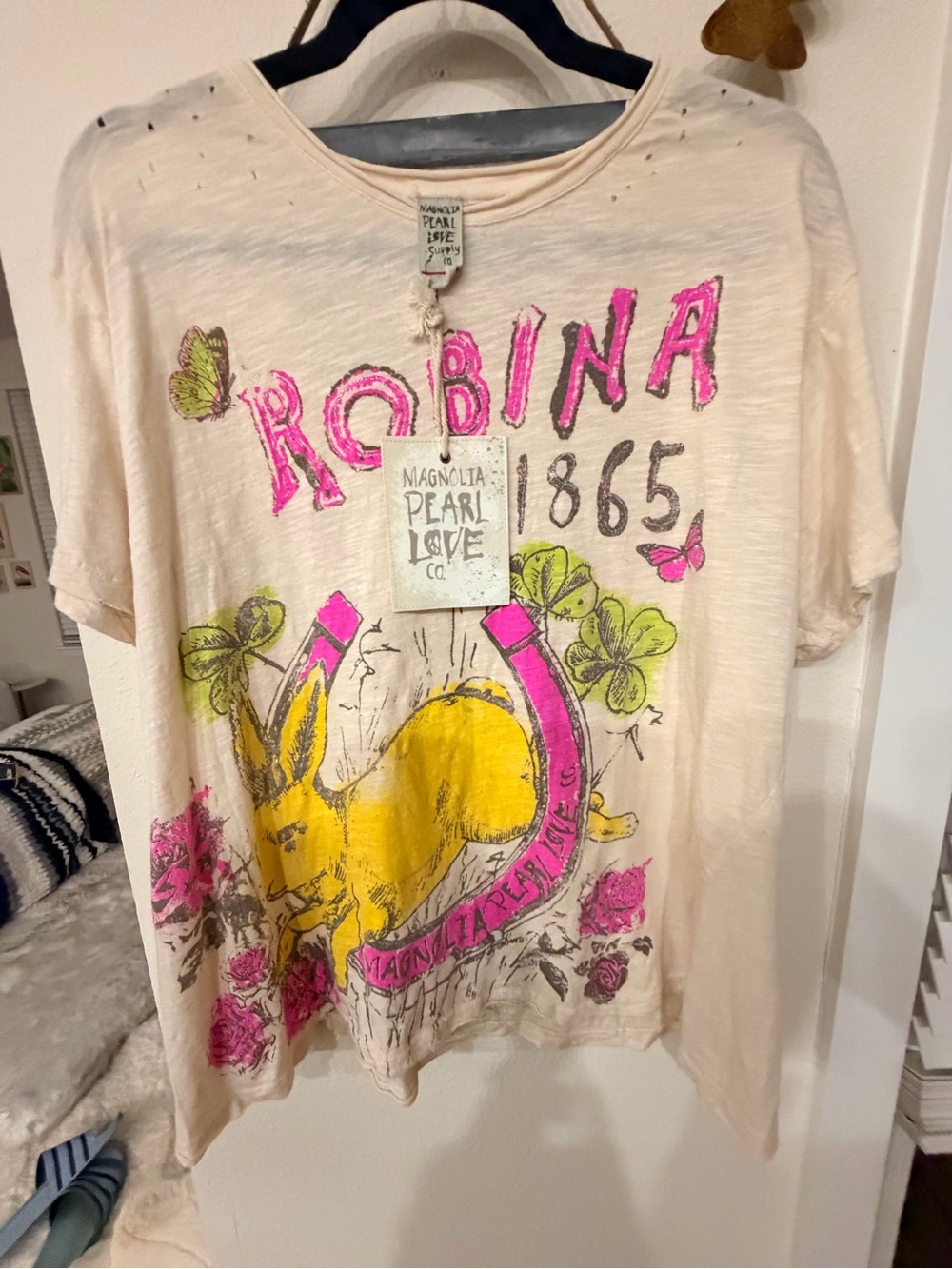 Magnolia Pearl Cream Tee with Yellow Bunny and Hot Pink Accents one size